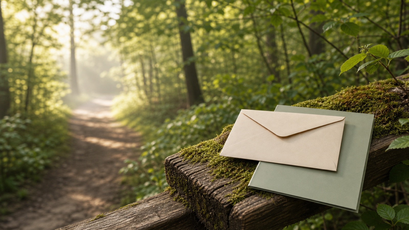 Waldweg mit neutralem Umschlag als positives Symbol für Rueckerstattung