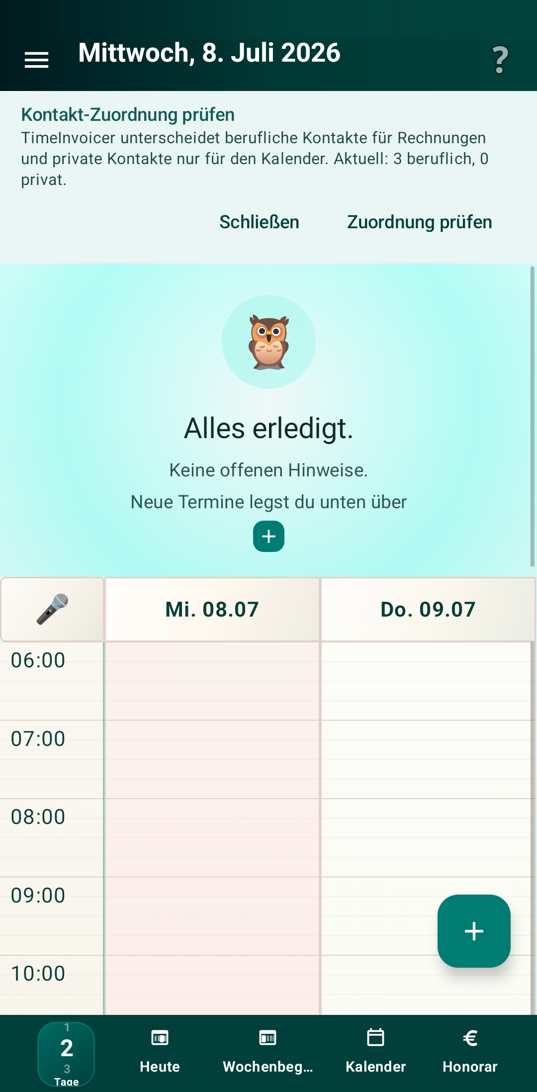 TimeInvoicer Kalenderansicht mit Terminen und Honorar-Übersicht