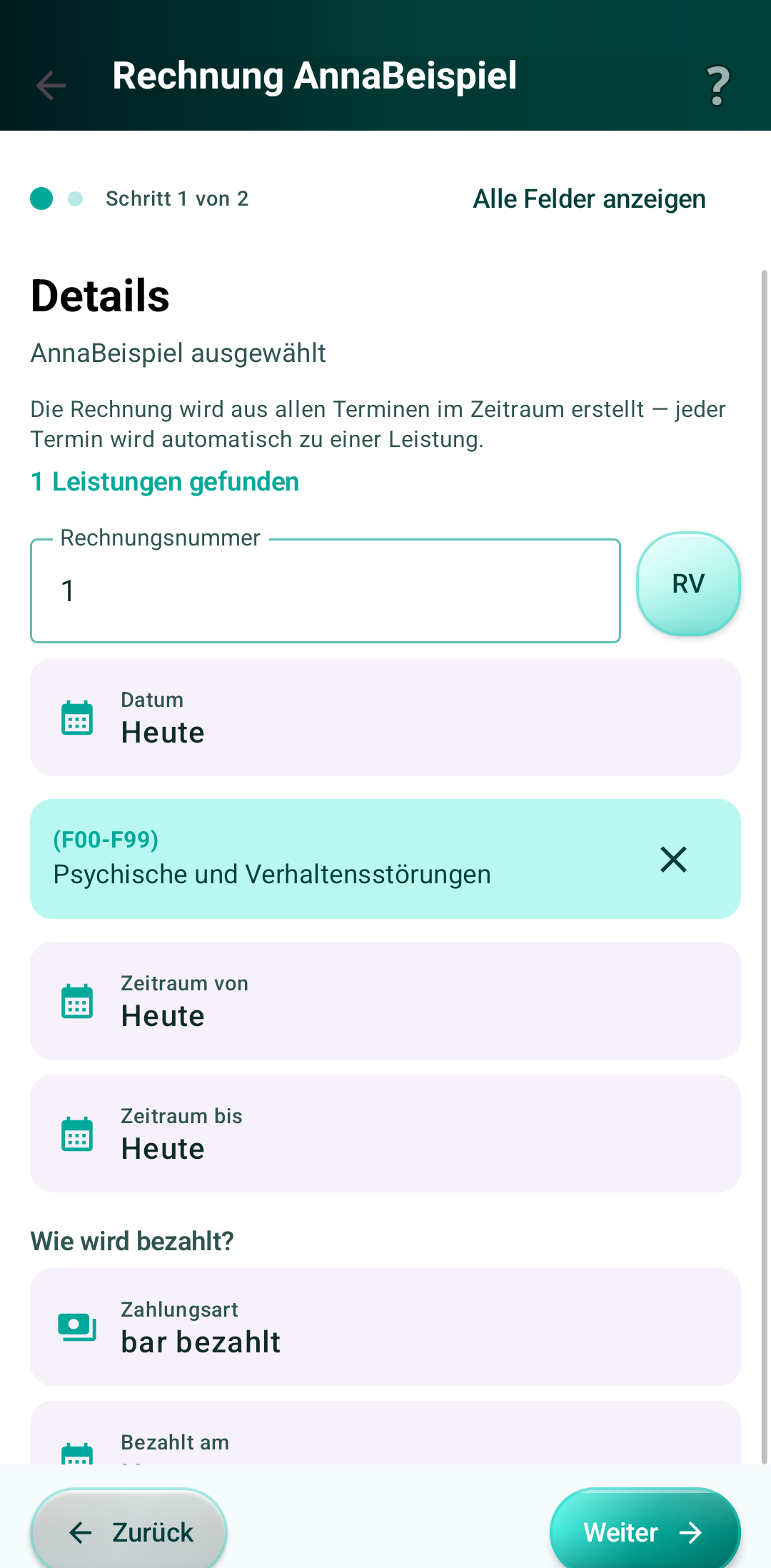 Rechnung aus dem Termin erstellen — mit zugeordneter Diagnose (ICD-10) in TimeInvoicer