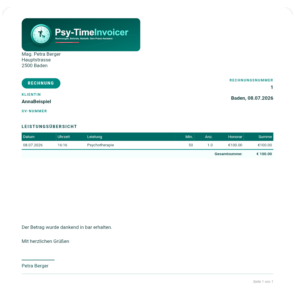 Fertige Honorarnote als PDF, in Sekunden aus einem Termin erstellt