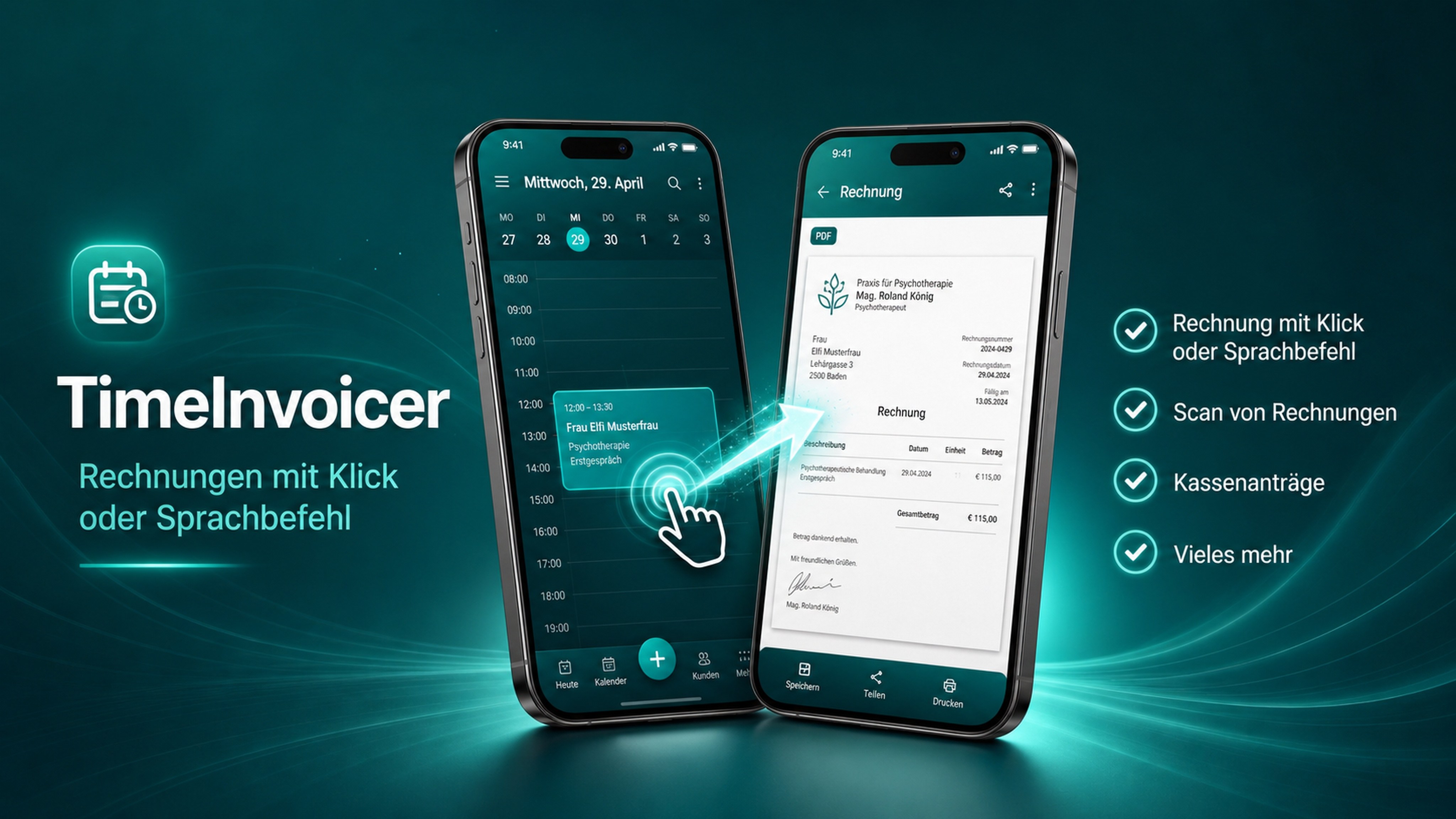 TimeInvoicer feature graphic: invoice by click or voice command